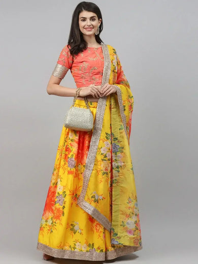Yellow & Orange Embroidered Semi-Stitched Myntra Lehenga & Unstitched Blouse with Dupatta